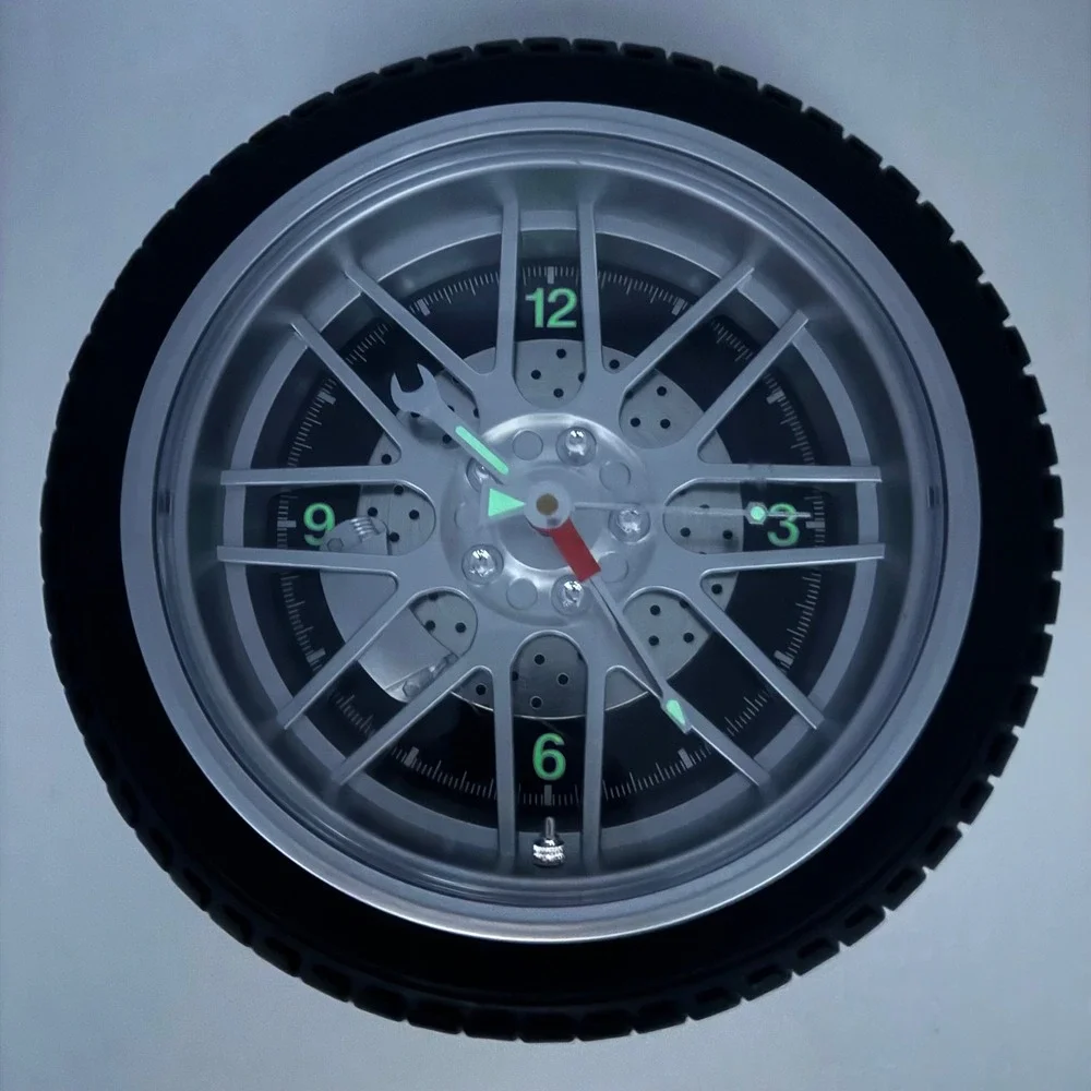 Tire Wheel‎ Wall Clock Sterling & Noble Glow In The Dark Automotive Decor Black